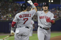 Boston Red Sox's Christian Vazquez (7) and Hunter Renfroe celebrate after Renfroe hit a home run during the eighth inning of the team's baseball game against the Toronto Blue Jays on Wednesday, July 21, 2021, in Buffalo, N.Y. (AP Photo/Joshua Bessex)