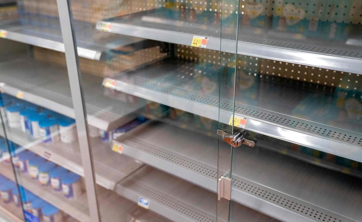 <span class="caption">No easy formula.</span> <span class="attribution"><a class="link " href="https://www.gettyimages.com/detail/news-photo/grocery-store-shelves-where-baby-formula-is-typically-news-photo/1240603860?adppopup=true" rel="nofollow noopener" target="_blank" data-ylk="slk:Stefani Reynolds/AFP via Getty Images;elm:context_link;itc:0;sec:content-canvas">Stefani Reynolds/AFP via Getty Images</a></span>