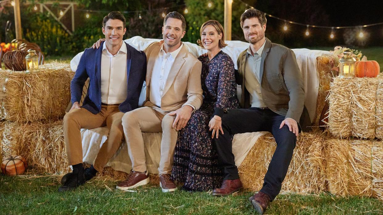  Peter Porte, Luke Macfarlane, Ashley Williams, Marcus Rosner sitting on a hay bale in Notes of Autumn 