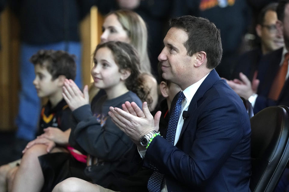 Mat Ishbia, new controlling interest owner of the Phoenix Suns and Phoenix Mercury waits to be introduced to the media during an NBA basketball news conference, Wednesday, Feb. 8, 2023, in Phoenix. (AP Photo/Rick Scuteri)