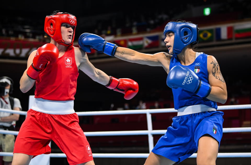 Tokyo , Japan - 30 July 2021; Kellie Harrington of Ireland, left, and Rebecca Nicoli of Italy during their women's lightweight round of 16 bout at the Kokugikan Arena during the 2020 Tokyo Summer Olympic Games in Tokyo, Japan. (Photo By Stephen McCarthy/Sportsfile via Getty Images)