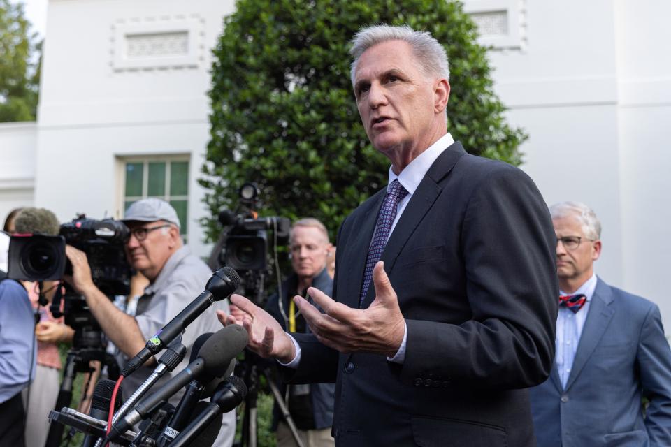 Speaker of the Republican House of Representatives Kevin McCarthy speaks to the press following a meeting with President Joe Biden on the debt ceiling in Washington, DC, the United States, May 22, 2023 