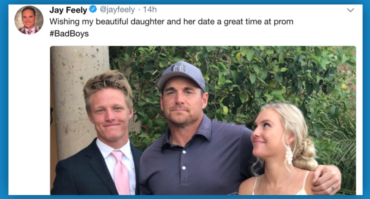 Dad’s controversial prom photo sparks debate on social media. (Photo: Jay Feely/Twitter)