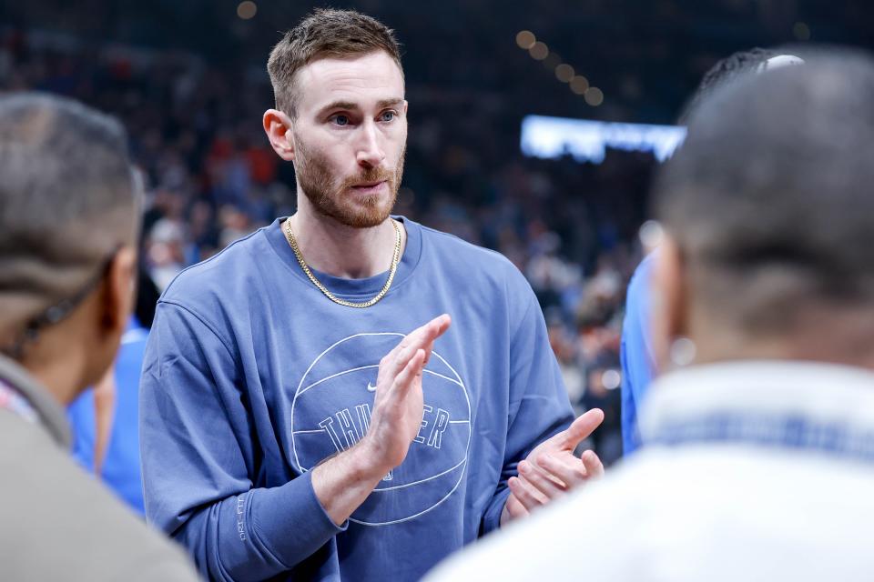 Oklahoma City’s Gordon Hayward (33) walks to the bench before an NBA game between the Oklahoma City Thunder and the Sacramento Kings at the Paycom Center in Oklahoma City, on Sunday, Feb. 11, 2024.