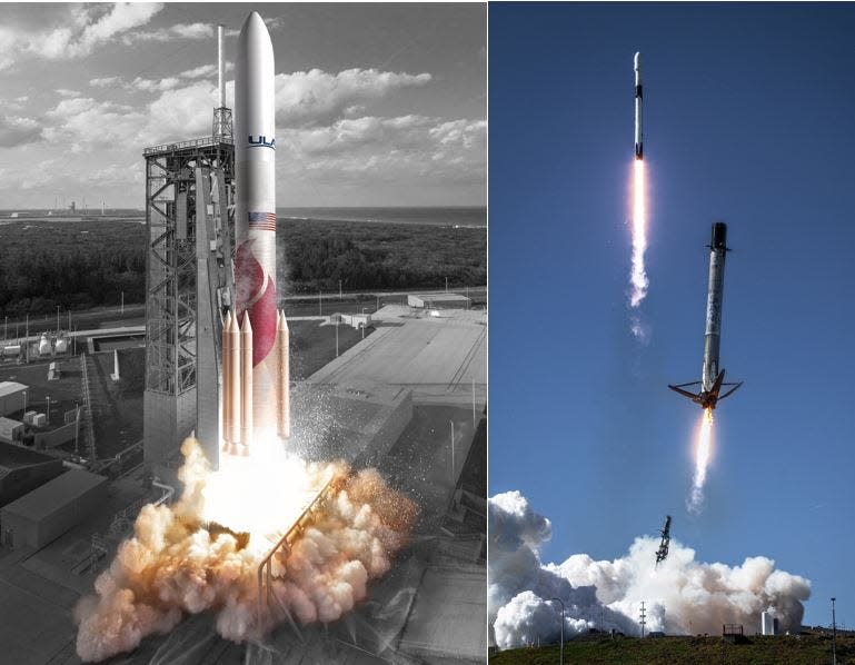United Launch Alliance's upcoming Vulcan Centaur rocket, left, and SpaceX's Falcon 9, right, were chosen by the Space Force's Space Systems Command for eight national security missions through 2024.