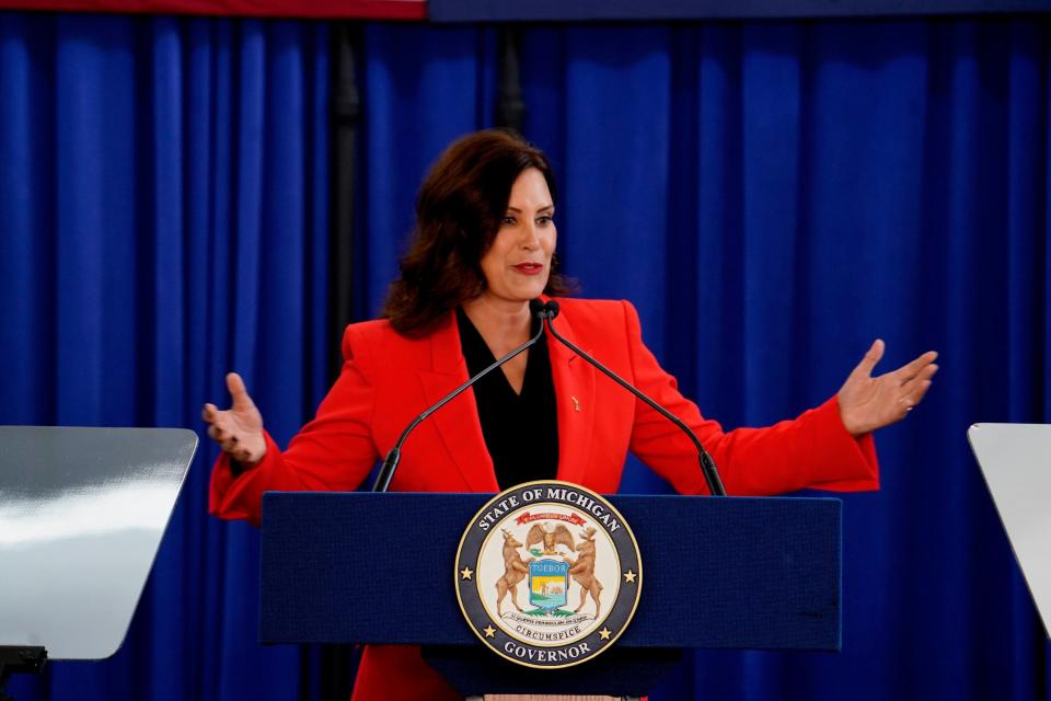 Gov. Gretchen Whitmer asks “What’s Next” as she speaks from the Lansing Shuffle in Lansing on Wednesday, Aug. 30, 2023.
