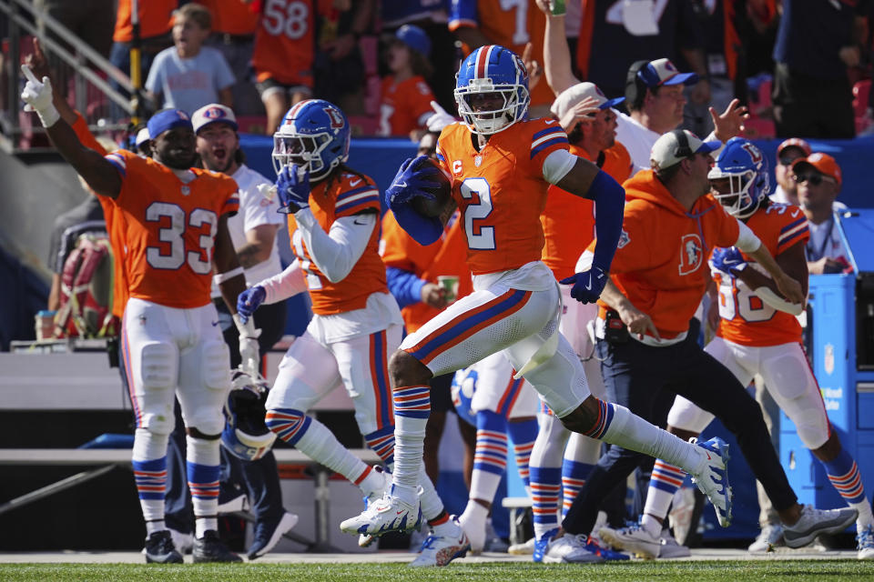 Pat Surtain returned an interception 100 yards for a touchdown on Sunday. (AP Photo/Bart Young)