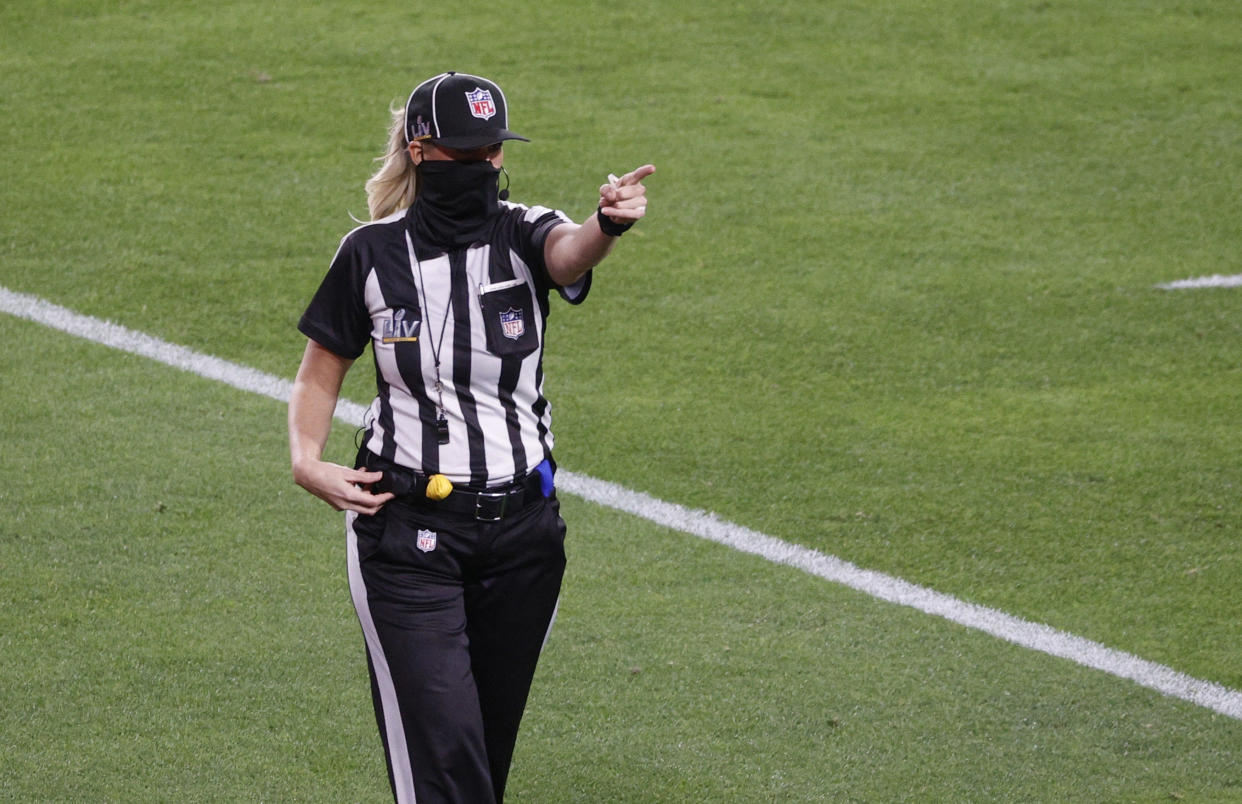 Referee Sarah Thomas seen at Super Bowl LV between the Tampa Bay Buccaneers and Kansas City Chiefs at the Raymond James Stadium in Tampa, Florida, on Sunday, February 7, 2021. / Credit: Brian Snyder / Reuters