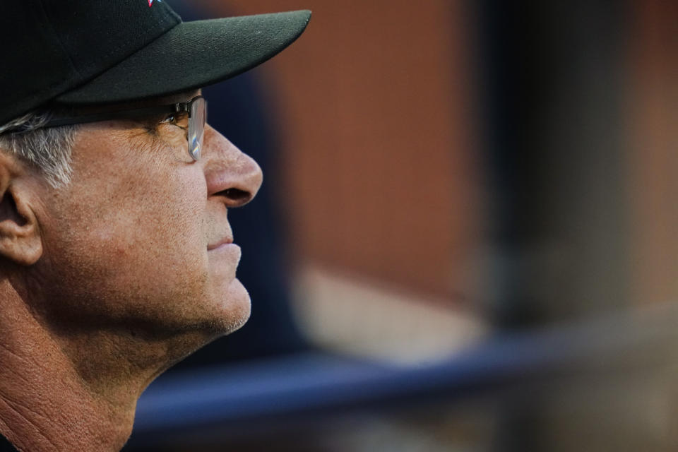 Miami Marlins manager Don Mattingly watches his team during the first inning of a baseball game against the New York Mets, Friday, June 17, 2022, in New York. (AP Photo/Frank Franklin II)