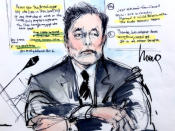 Courtroom sketch shows Elon Musk during the trial in a defamation case filed by British cave diver Vernon Unsworth, who is suing the Tesla chief executive for calling him a "pedo guy" in one of a series of tweets, in Los Angeles