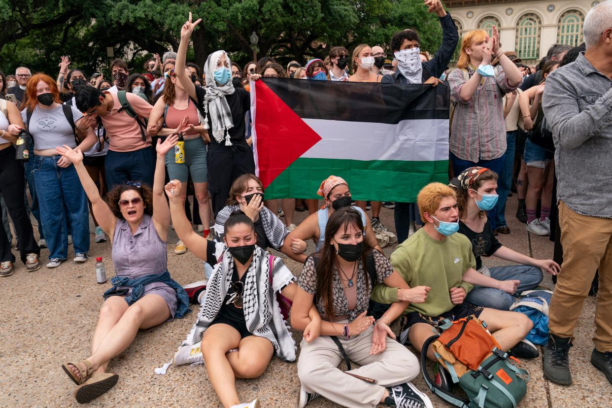 Demonstrators rally in support of Palestinians on the campus of the University of Texas in Austin.
