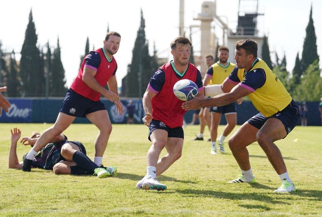 Ewan Ashman and George Horne, red bibs, also returned to training