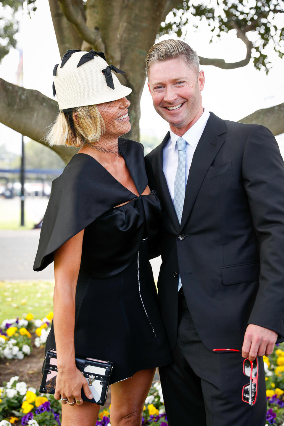 Pip Edwards and Michael Clarke attend Everest Race Day at Royal Randwick Racecourse on October 17, 2020 in Sydney, Australia