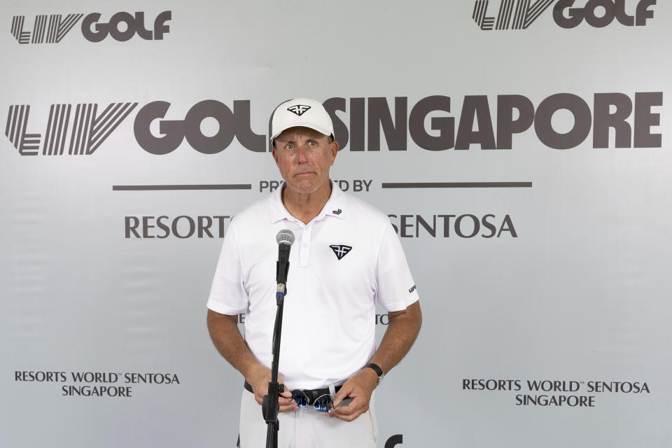 Phil Mickelson speaks to media members at a news conference during the second round of LIV Golf Singapore at the Sentosa Golf Club on Sentosa Island in Singapore on Saturday, April 29, 2023. (Chris Trotman/LIV Golf via AP)