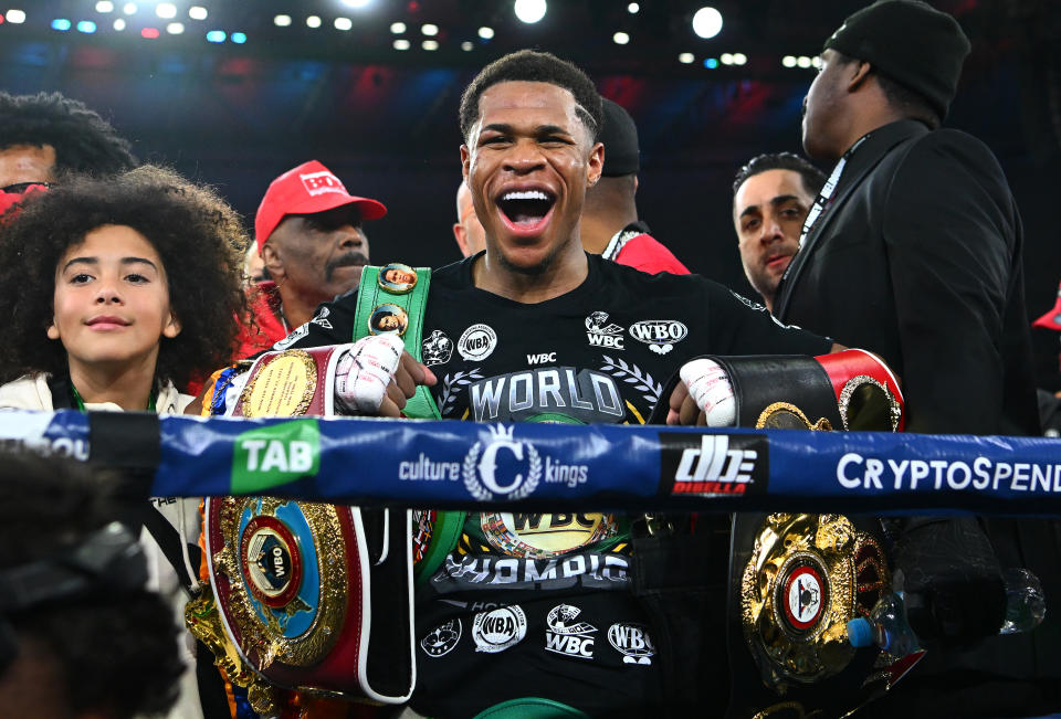 Devin Haney, pictured here celebrating after his win over George Kambosos Jr in Melbourne.