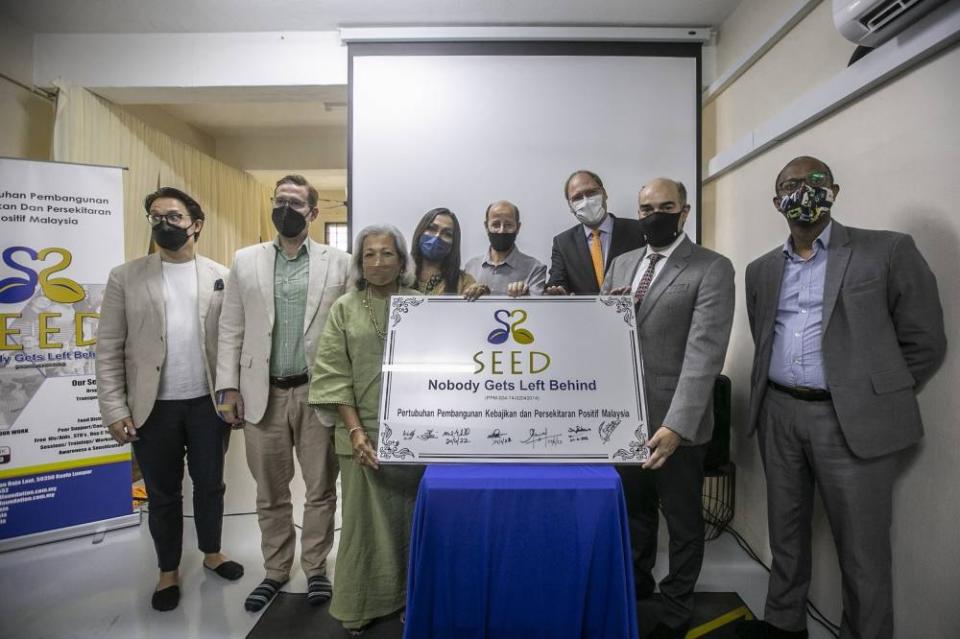 Social activists Datin Paduka Marina Mahathir (third from left) together with embassy representatives during the reopening of SEED drop-in centre at Jalan Raja Laut, Kuala Lumpur, June 24, 2022. — Picture by Hari Anggara