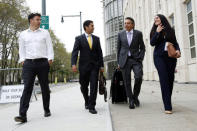 Aaron Davidson (2nd R), former president of the Miami-based unit of Brazilian sports marketing conglomerate Traffic Group, departs the Brooklyn Federal Courthouse after entering a guilty plea in the Brooklyn Borough of New York, U.S.,October 20, 2016. REUTERS/Lucas Jackson