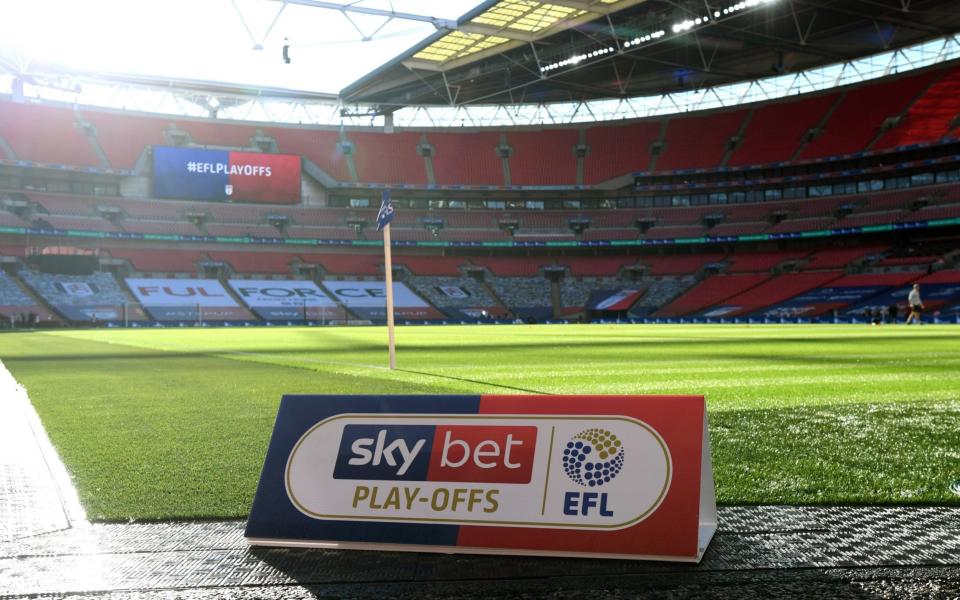 General view inside the stadium with the EFL play-offs board ahead of the Sky Bet Championship Play Off Final match between Brentford and Fulham at Wembley Stadium -  Football League clubs left 'in limbo' with end of furlough scheme as potential job-cutting talks begin - GETTY IMAGES