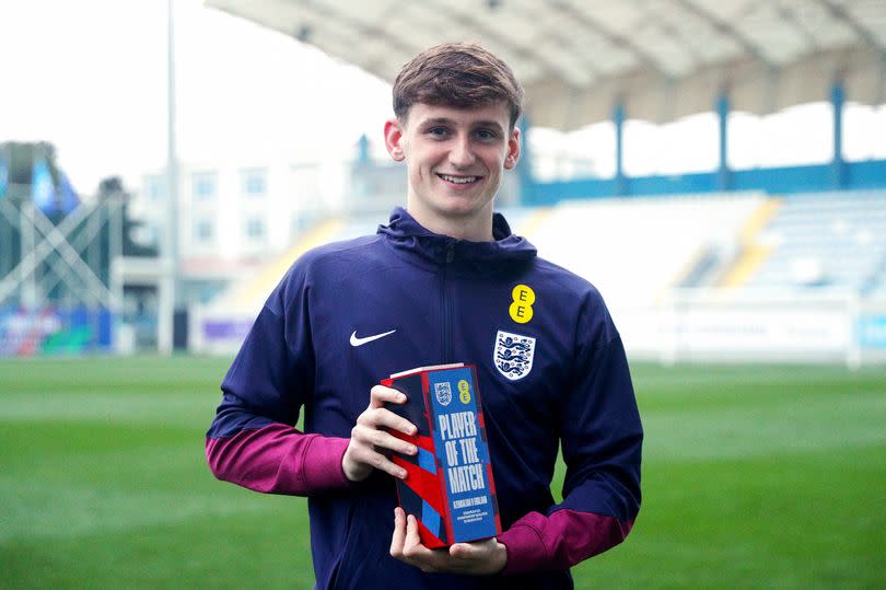 Tyler Morton of England poses for a photo with the Player of the Match award following the U21 Friendly International between Azerbaijan and England at Azersun Arena on March 22, 2024 in Baku, Azerbaijan.