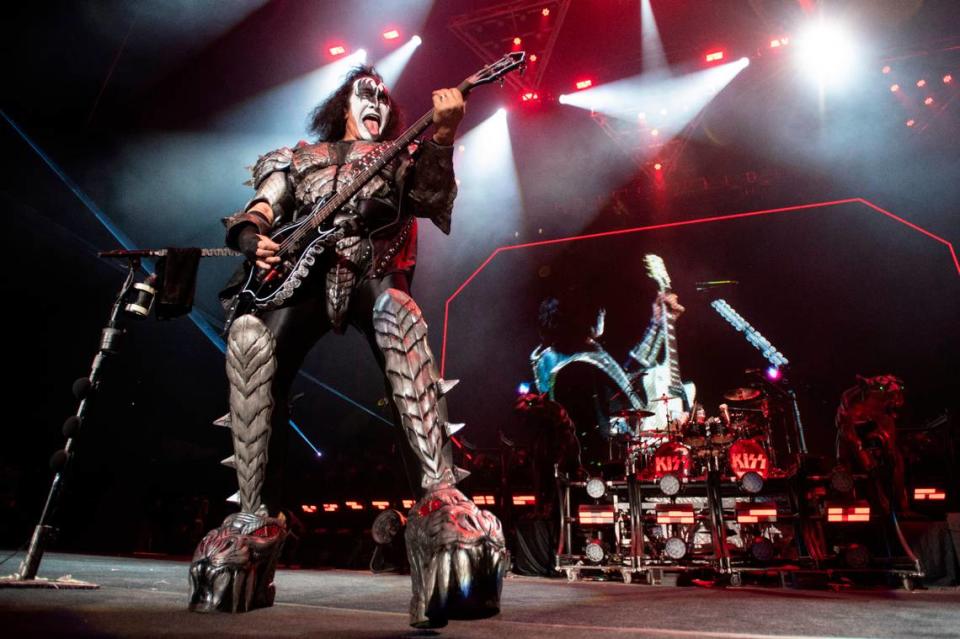 Gene Simmons struts on stage as KISS brings their End of the Road World Tour to Raleigh, N.C.’s Coastal Credit Union Music Park at Walnut Creek, Tuesday night, May 17, 2022.
