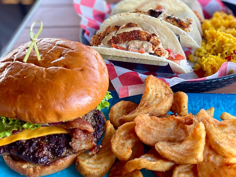 Joe Russell's Classic Burger and fresh catch tacos from Tortuga's Florida Kitchen and Bar in Flagler Beach.
