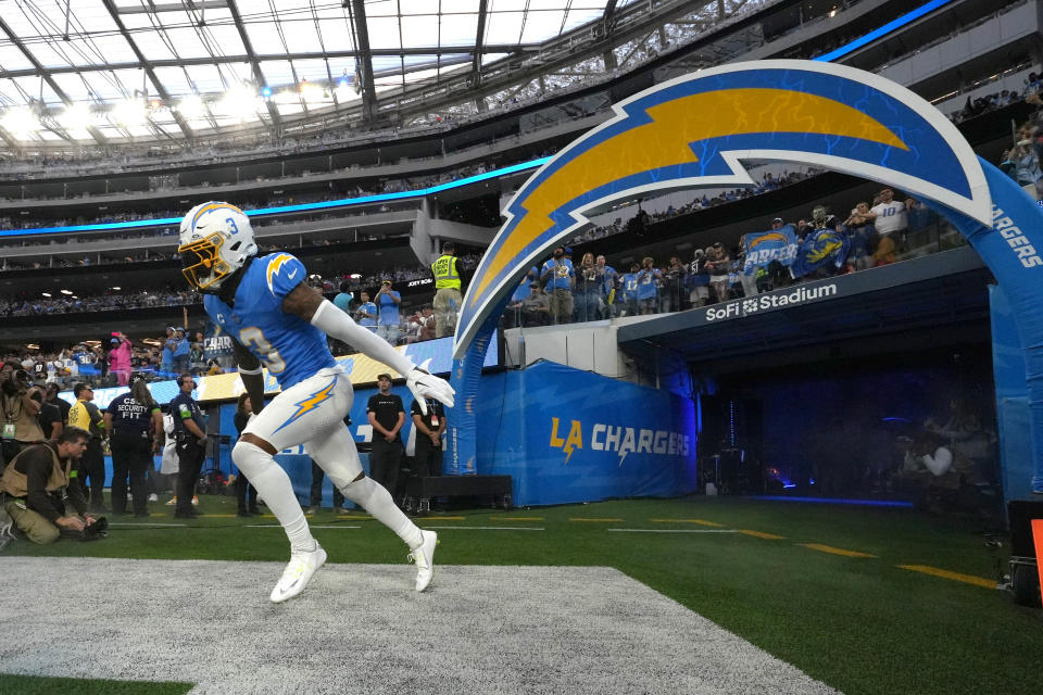 Derwin James Jr. enters the field before the game against the Chicago Bears at SoFi Stadium on Oct. 29, 2023.