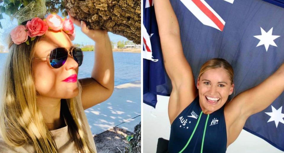 Marayke Jonkers in a flower crown (left) and holding up the Australian flag (right).