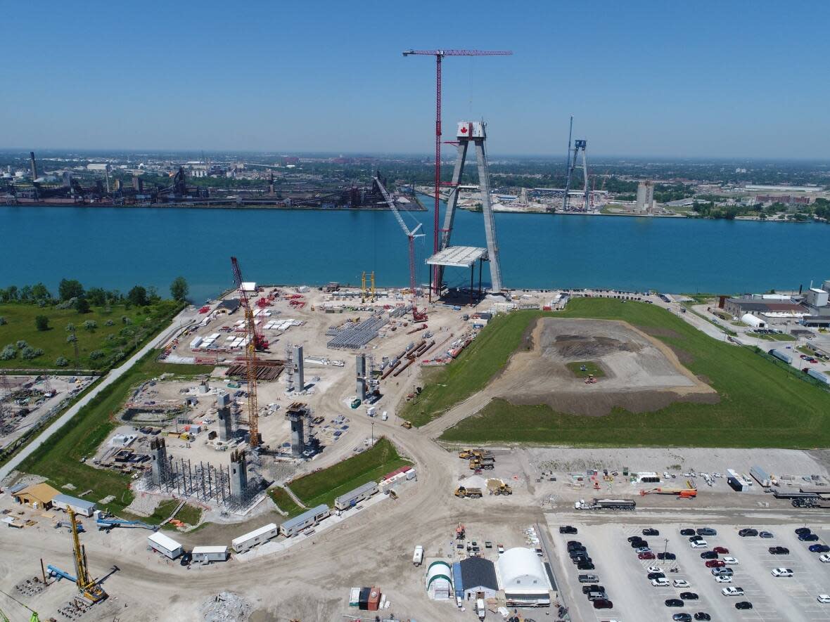 Construction on the Gordie Howe International bridge began in October 2018.  (Gordie Howe International Bridge/ Twitter - image credit)