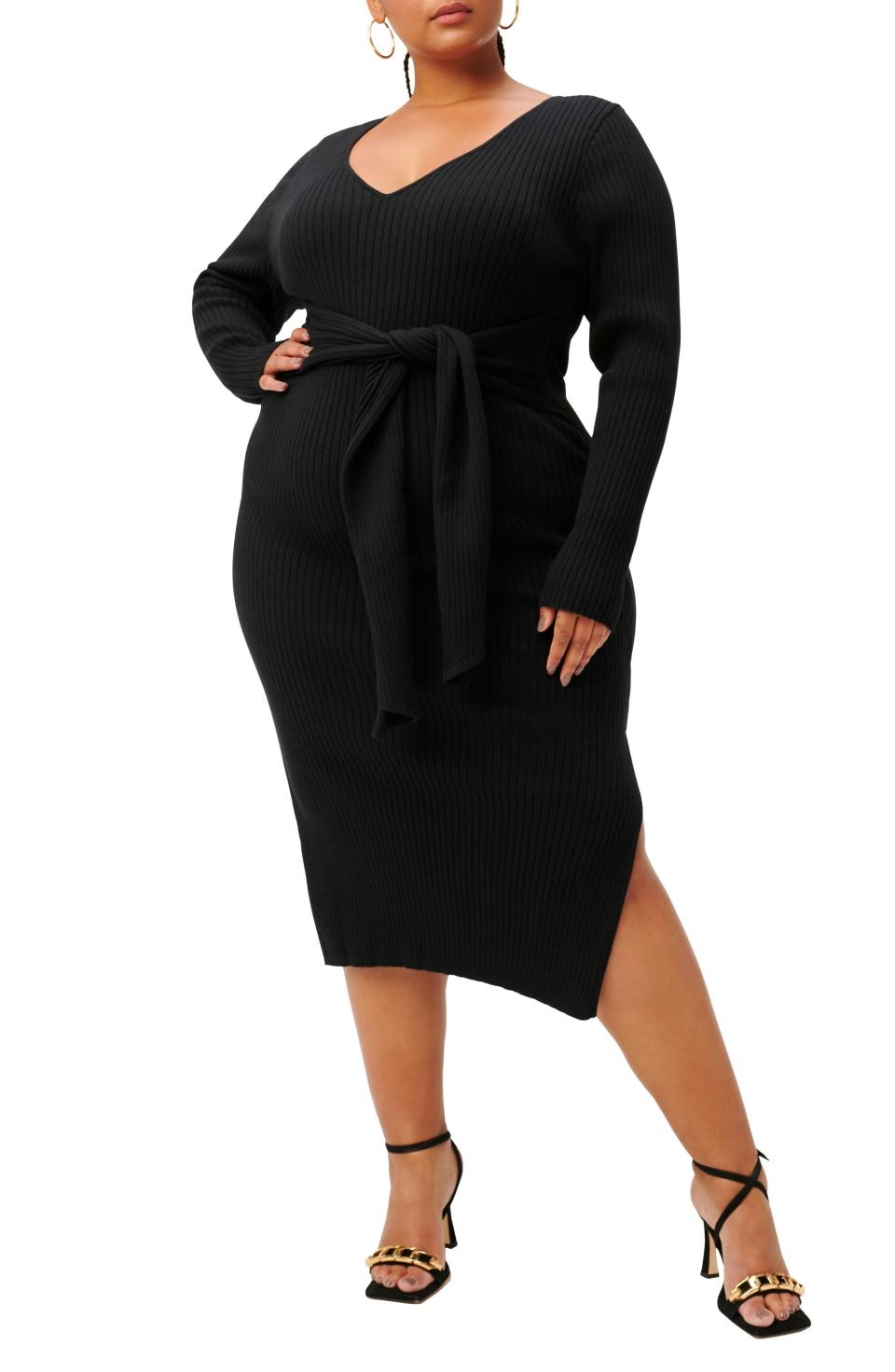 1) Plus Size Women's Long Sleeve Belted Body-Con Dress