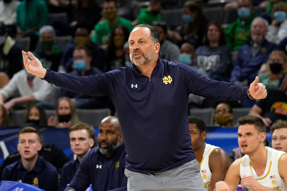 Notre Dame coach Mike Brey reacts to a foul call during the first half of the team's NCAA college basketball game against St. Mary's at the Maui Invitational in Las Vegas, Monday, Nov. 22, 2021. (AP Photo/Rick Scuteri)