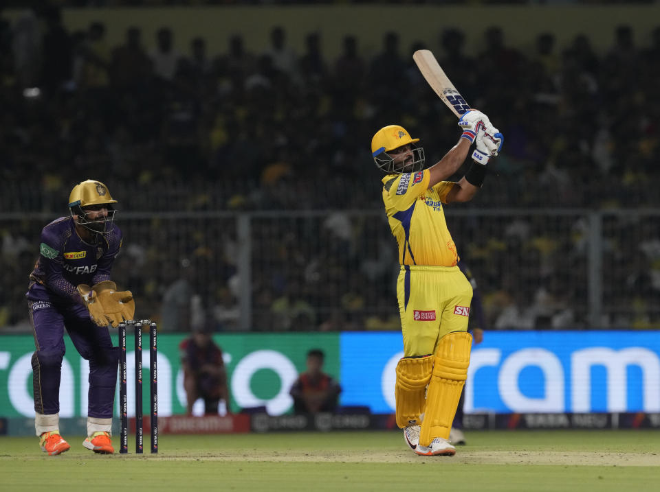 Chennai Super Kings' Ajinkya Rahane bats during the Indian Premier League (IPL) cricket match between Chennai Super Kings and Kolkata Knight Riders in Kolkata, India, Sunday, April 23, 2023.(AP Photo/Bikas Das)