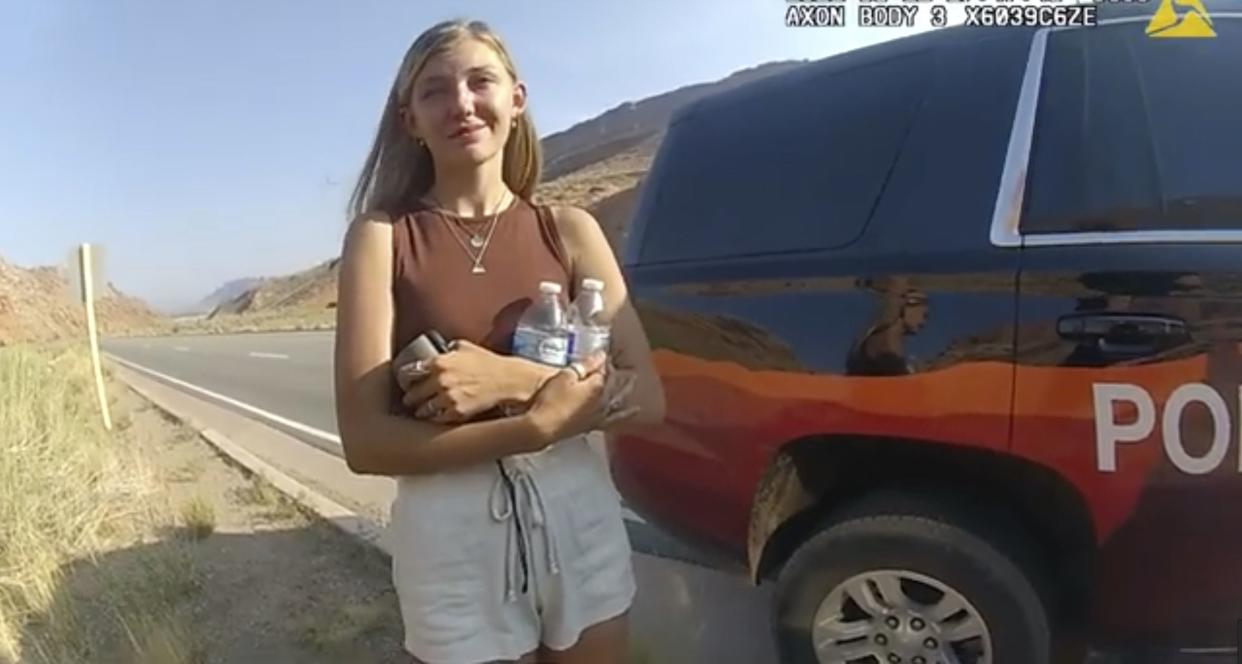 This police camera video provided by The Moab Police Department shows Gabby Petito talking to a cop after police pulled over the van she was traveling in with Brian Laundrie, near the entrance to Arches National Park on Aug. 12.