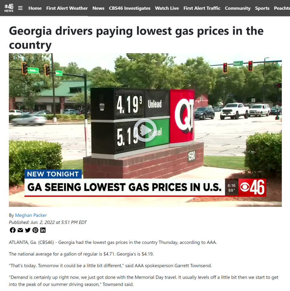 Screenshot of CBS46-TV article, "Georgia drivers paying lowest gas prices in the country"