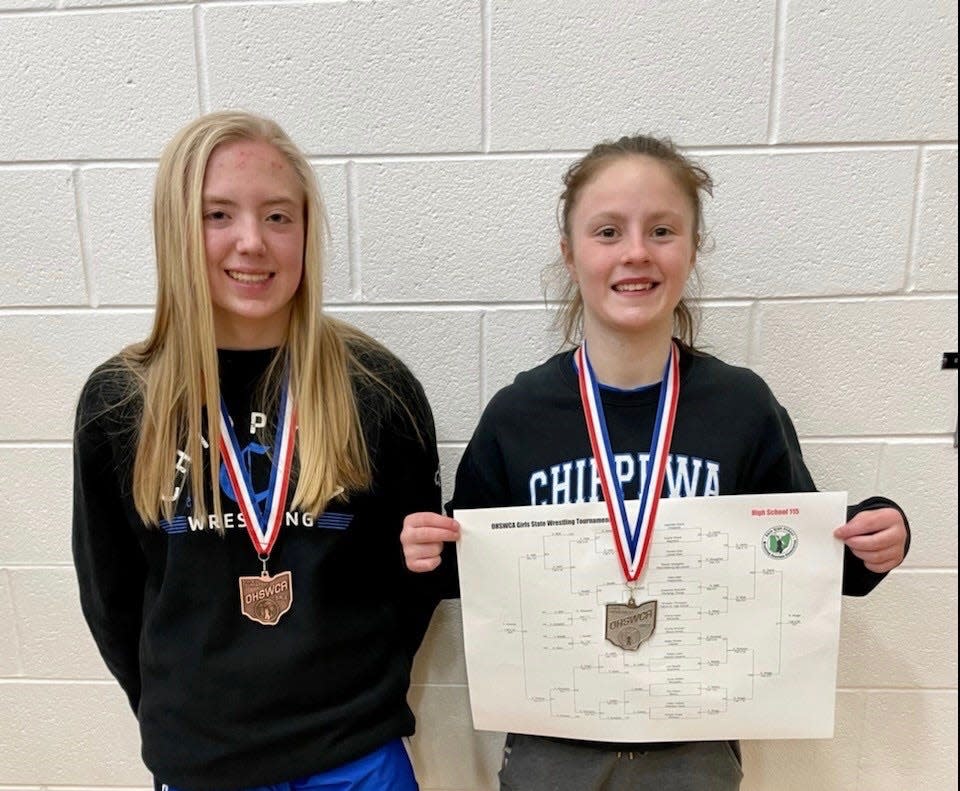 Chippewa's Isabella Adam and Gabi Gartin show off their All-Ohio medals from the girls state wrestling tournament.