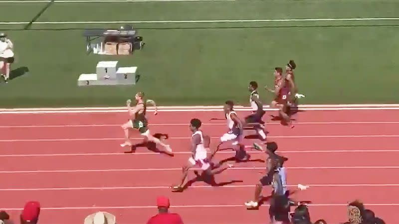 Matthew Boling (pictured in front) broke the all conditions 100m high school world record. (Image: @fastuniversity1)