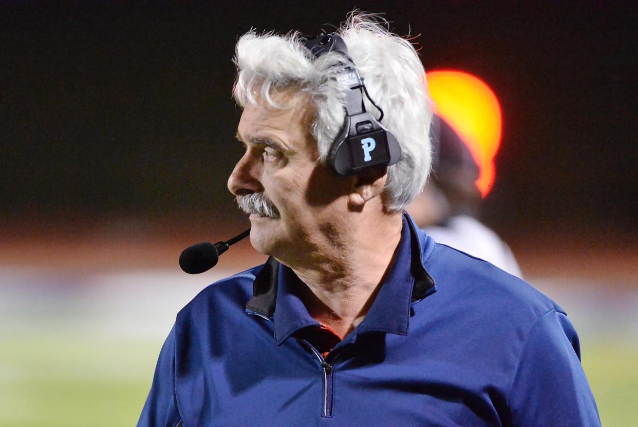 Sharpsville High School football head coach Paul Piccirilli works during a game against Fort LeBoeuf at Carm Bonito Field in Waterford on Oct. 27, 2023.