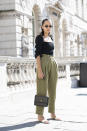 Anna Rosa Vitiello is seen wearing a Kurt Geiger bag, Reformation top, Maxine shoes and Topshop trousers. <a href="https://fave.co/31nzwx1" rel="noopener" target="_blank" data-ylk="slk:Shop the bag here;elm:context_link;itc:0;sec:content-canvas" class="link ">Shop the bag here</a> [Photo: Getty Images]