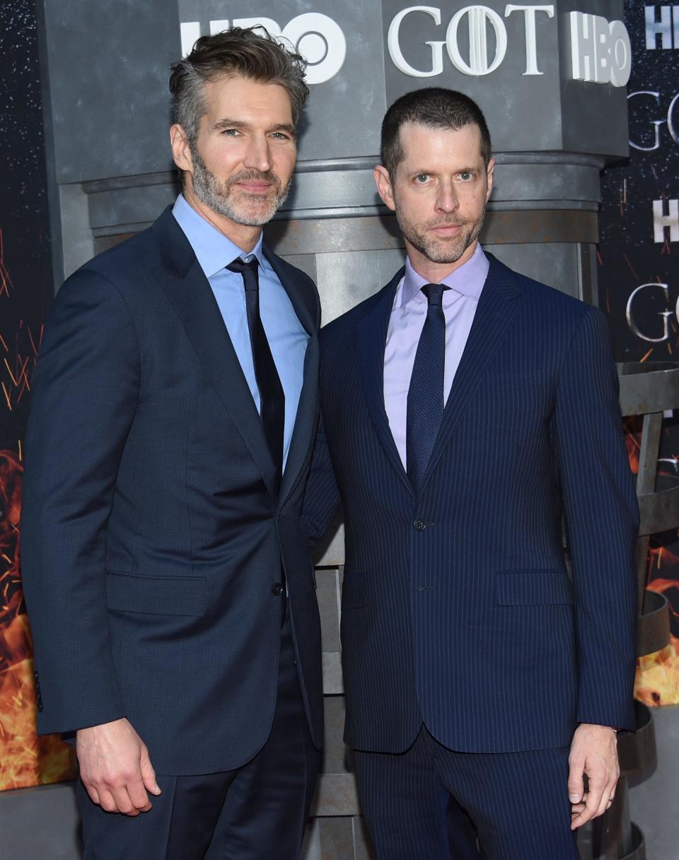 Creator/executive producers David Benioff, left, and D. B. Weiss attend HBO's "Game of Thrones" final season premiere at Radio City Music Hall on Wednesday, April 3, 2019, in New York.