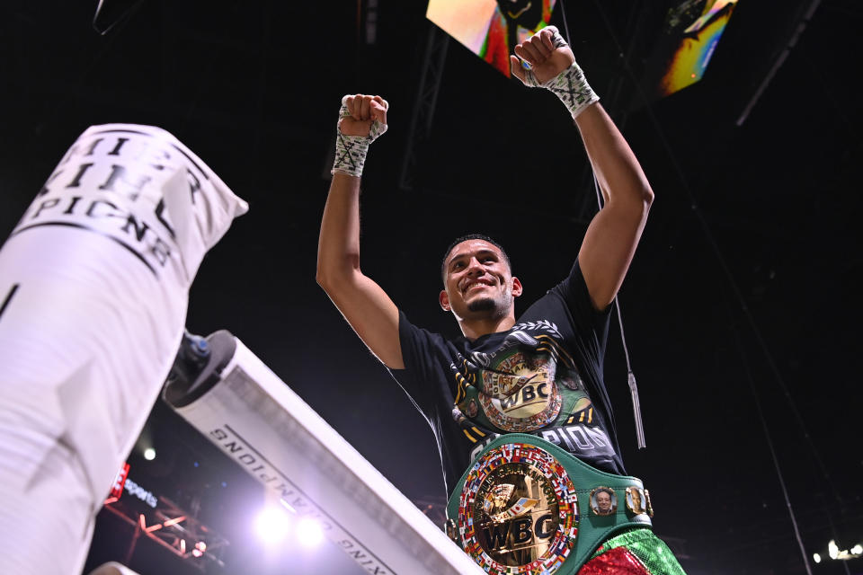 GLENDALE, ARIZONA - MAY 21: David Benavidez celebrates after his victory via TKO by corner stoppage over David Lemieux during their WBC Super Middleweight Interim Title fight at Gila River Arena on May 21, 2022 in Glendale, Arizona. (Photo by Kelsey Grant/Getty Images)