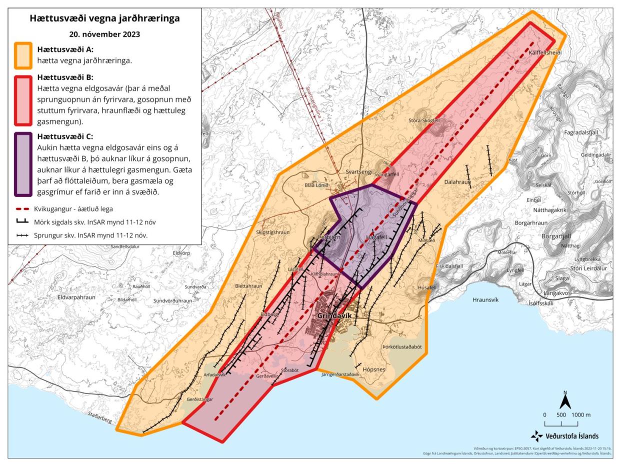 The purple area is the highest danger zone , encompassing Hagafell, north east of the town of Grindavik (Icelandic Met Office)