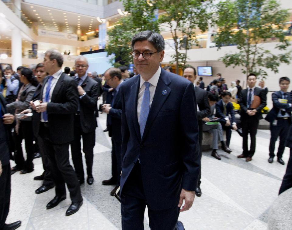 Treasury Secretary Jacob Lew arrives for the G20 finance ministers and central bank governors meeting on the sidelines of their meeting at World Bank Group-International Monetary Fund Spring Meetings in Washington, Friday, April 11, 2014. ( AP Photo/Jose Luis Magana)
