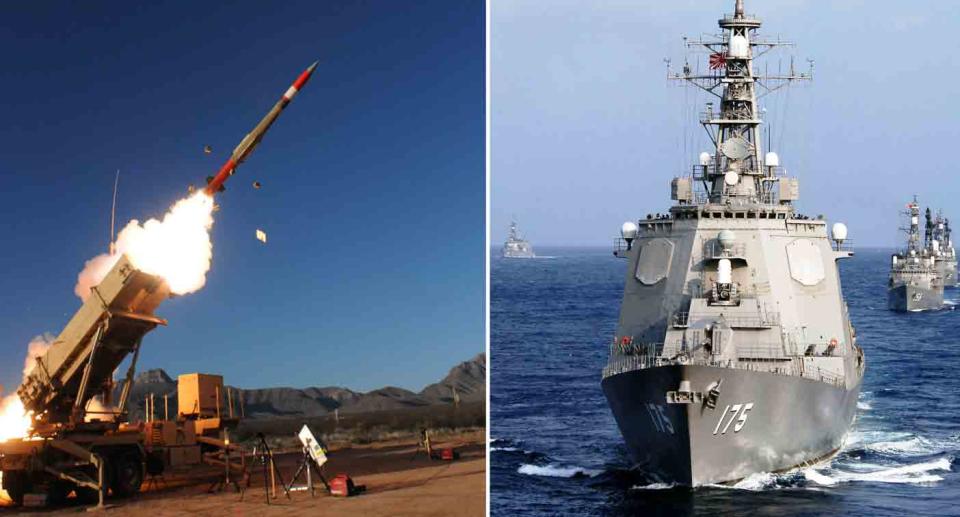 A launcher fires a PAC-3 MSE, left, and the JDS Myoko (DDG-175) concludes an annual exercise in the Philippine Sea, right. (Photos: Lockheed Martin/Jimmy C. Pan, U.S. Navy)