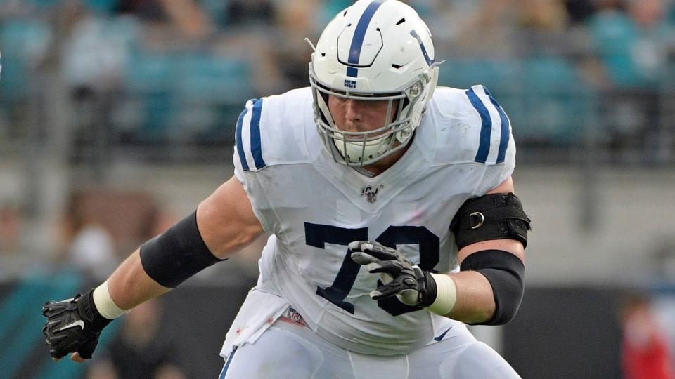 Mandatory Credit: Photo by Phelan M Ebenhack/AP/Shutterstock (10514569ao)Indianapolis Colts center Ryan Kelly prepares to block during the first half of an NFL football game against the Jacksonville Jaguars, in Jacksonville, FlaColts Jaguars Football, Jacksonville, USA - 29 Dec 2019.