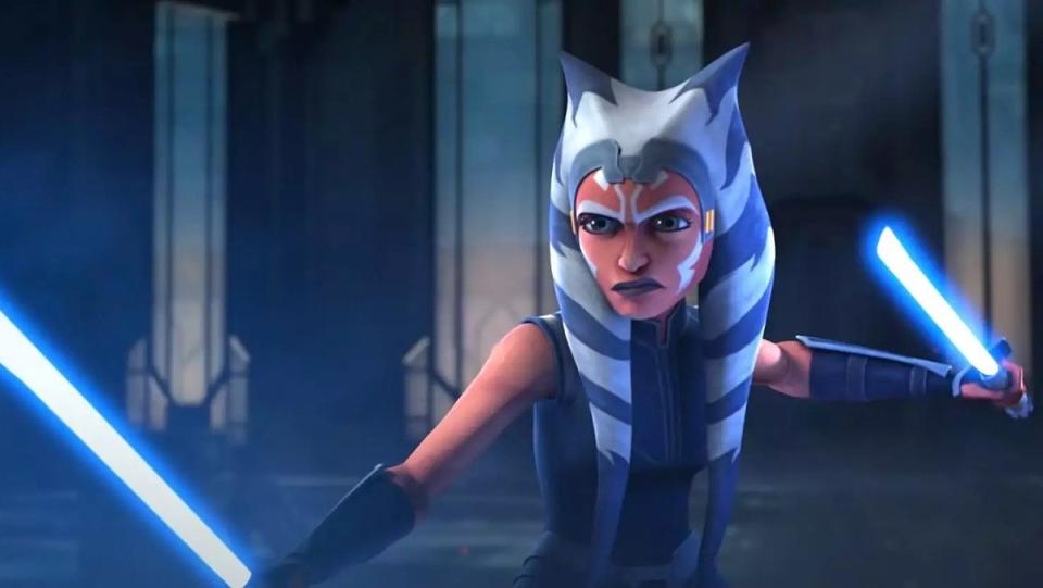 Ahsoka Tano wielding two blue lightsabers during the Siege of Mandalore