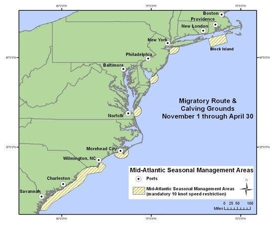 The seasonal go-slow zones in the Mid-Atlantic to help protect migrating and calving North Atlantic right whales run from Nov. 1 through April 30. Regulators are contemplating expanding the zones to cover more of the coast and boats as small as 35 feet.