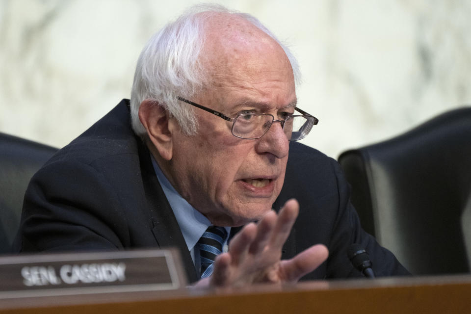 FILE - Senate HELP Committee Chair Sen. Bernie Sanders, I-Vt., questions Moderna CEO and Director Stephane Bancel during a Senate HELP Committee hearing on the price of the COVID-19 vaccine, Wednesday, March 22, 2023, on Capitol Hill in Washington. Sanders, President Joe Biden's chief rival in the 2020 primary, told The Associated Press just hours after Biden announced that he was endorsing the president and encouraged other progressive leaders to do so as well. (AP Photo/Jacquelyn Martin, File)