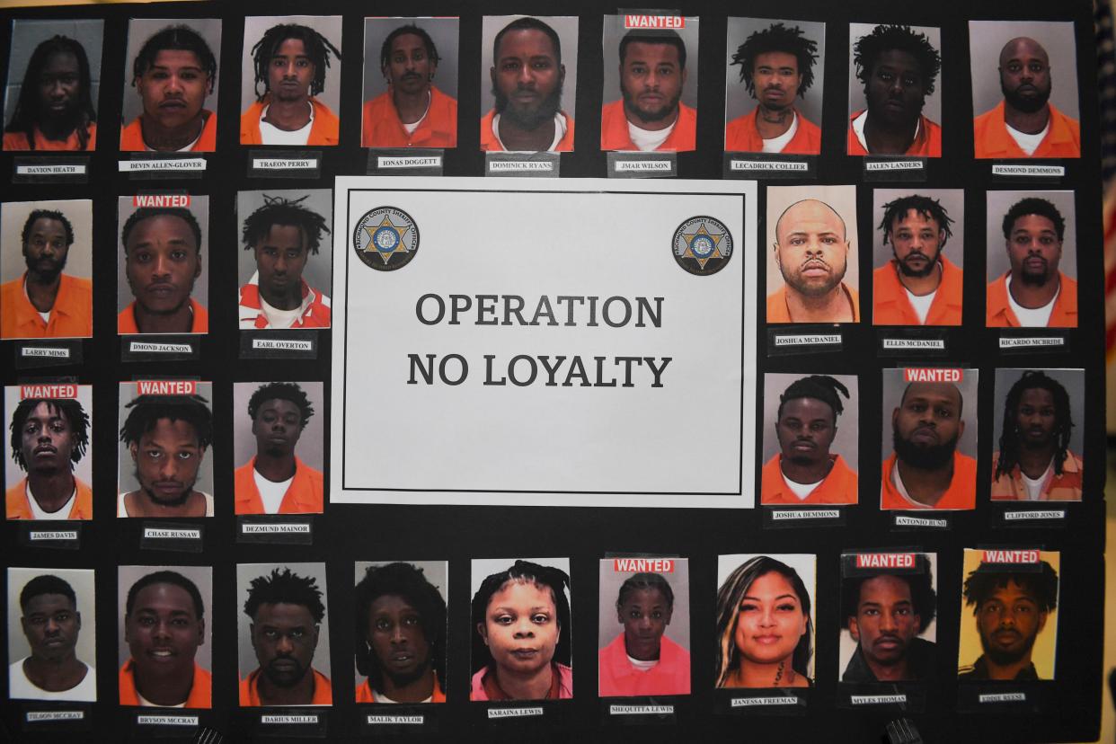 Arrest photographs from Operation No Loyalty sit on an easel for a press conference at the Richmond County Sheriff's Office South Precinct on Thursday, April 18, 2024.