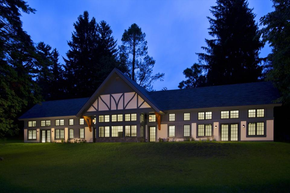 The institution's renovated Greenhouse Studio, seen here at dusk.