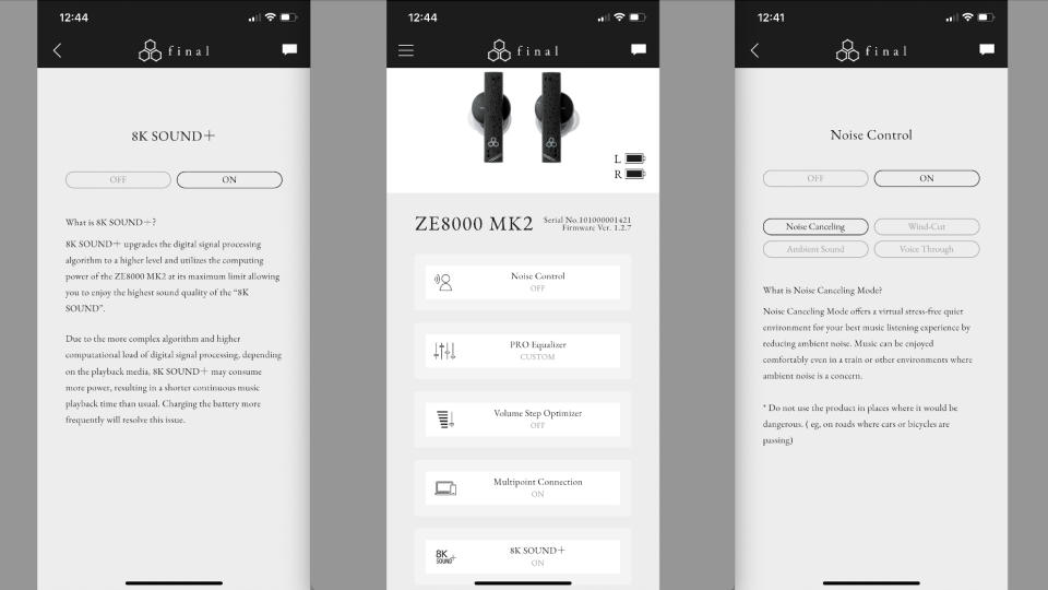 Final ZE8000 MK2 app, three screen-grabs showing noise cancellation and 8K Sound+