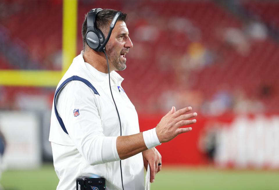 Tennessee Titans head coach Mike Vrabel looks on during the second half against the Tampa Bay Buccaneers at Raymond James Stadium.